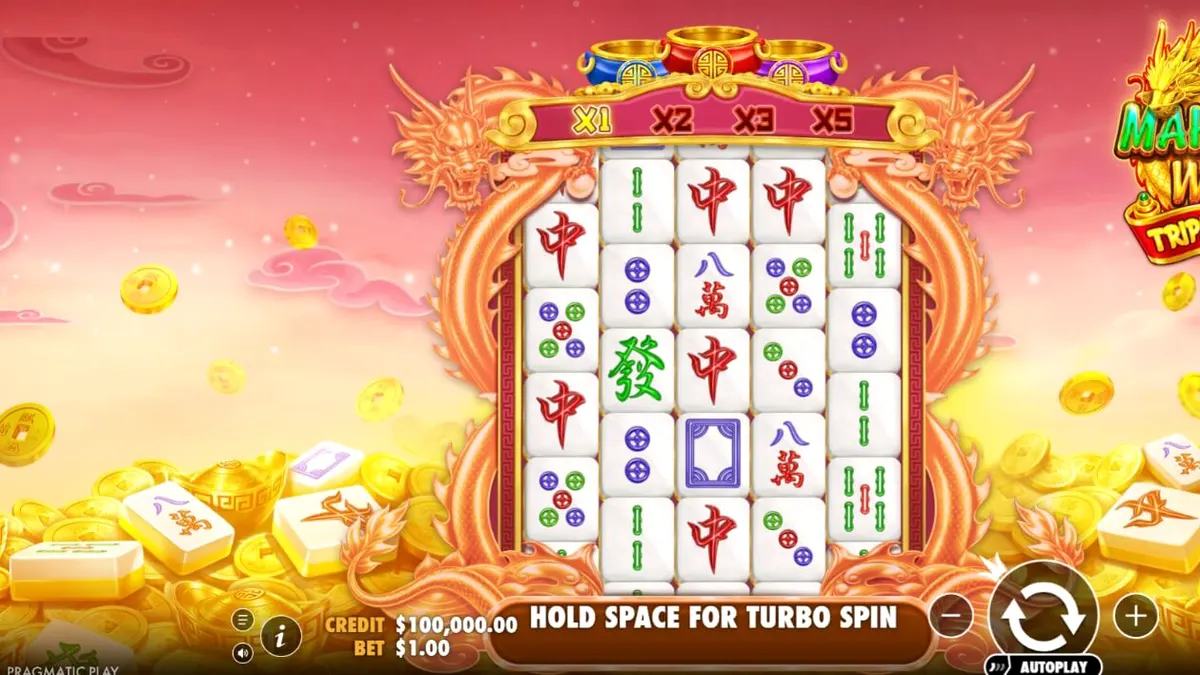 Tampilan visual slot Mahjong Wins Triple Pot dengan simbol ubin Mahjong dan naga emas